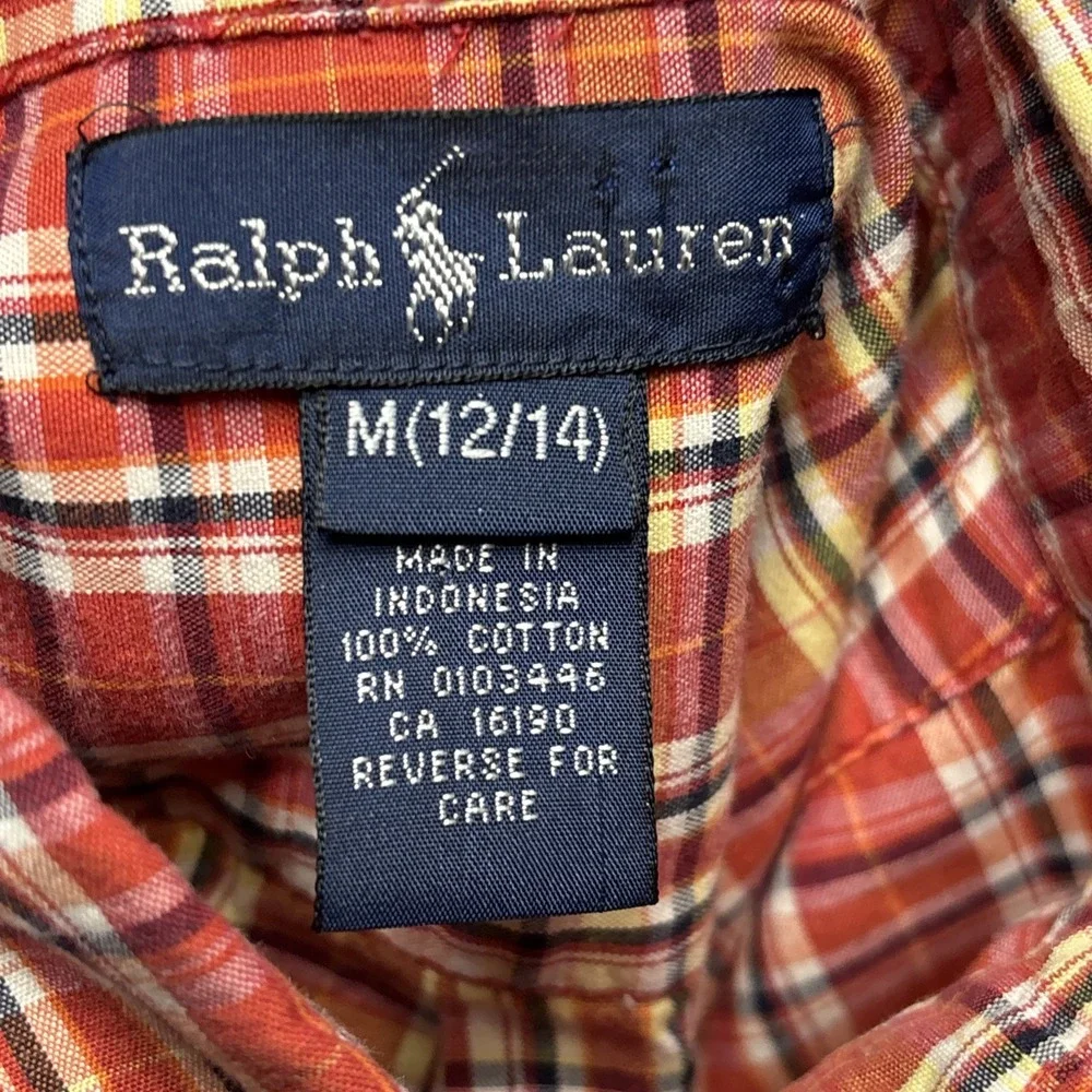 Polo Ralph Lauren Shirt Boys Size Medium 12/14 Plaid SS Button‎ Up Blue Pony